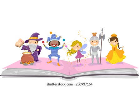 Illustration of Stickman Kids Dressed as Characters Commonly Seen in Storybooks