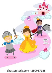 Illustration of Stickman Kids Dressed as Knights Protecting a Make Believe Princess