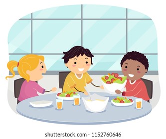 Illustration Of Stickman Kids Eating Lunch Asking To Pass A Serving Of Food Politely