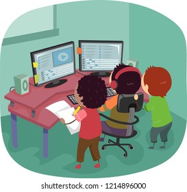 Illustration of Stickman Kids Editing a Video on Computer with Two Monitors