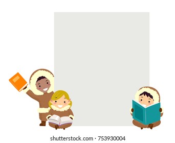 Illustration of Stickman Kids Eskimo Holding Books with a Blank Board Behind