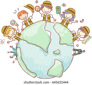 Illustration of Stickman Kids in Explorer Costume holding Geography Tools Around a Globe