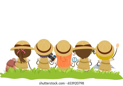 Illustration of Stickman Kids in Explorer Costume Sitting on the Grass Outdoors