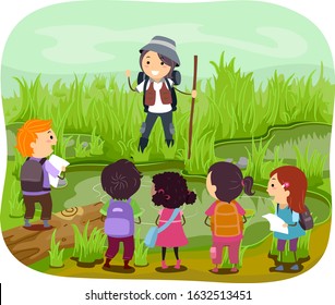 Illustration of Stickman Kids Exploring the Wetlands with their Teacher