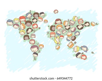 Illustration of Stickman Kids Faces in Different Locations in the World Map