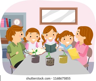 Illustration of Stickman Kids Family Looking at Different Results of Planting on Different Kinds of Soil from the Garden. Home Study