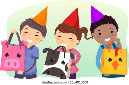 Illustration Of Stickman Kids In A Farm Animal Themed Birthday Party And Holding Bags Of Treats
