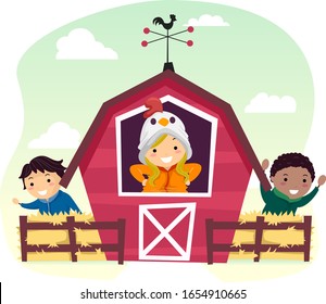 Illustration of Stickman Kids in a Farm with Hays and a Kid Girl Wearing Chicken Bonnet