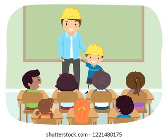 Illustration of Stickman Kids with Father and Kid in Classroom Wearing Yellow Construction Hard Hat