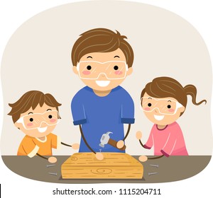 Illustration Of Stickman Kids And Father Woodworking. Man Showing Kids How To Hammer A Nail