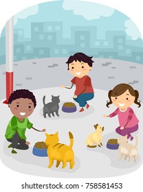 Illustration of Stickman Kids Feeding Cats In Shelter