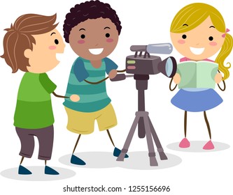 Illustration Of Stickman Kids Filming And Using A Video Camera With Microphone