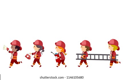 Illustration of Stickman Kids as Fireman Holding a Megaphone, First Aid Kit, Fire Extinguisher and Ladder