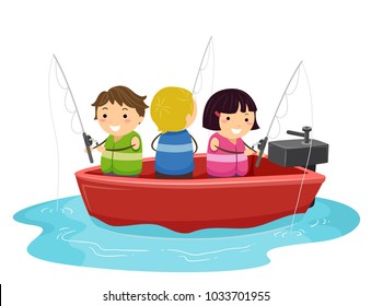 Illustration Of Stickman Kids Fishing On A Motor Boat Out In The Sea