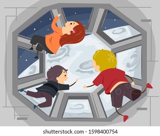 Illustration of Stickman Kids Floating in Outer Space Looking Out at the Moon