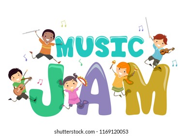 Illustration of Stickman Kids with Flute, Violin, Guitar, Tambourine, Maracas and Music Jam Lettering