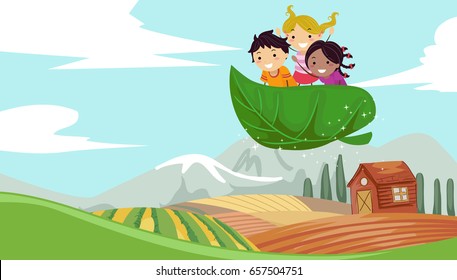 An Illustration of Stickman Kids Flying on a Big Leaf Exploring the Farm