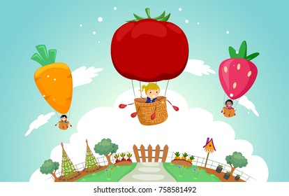 Illustration of Stickman Kids Flying on Hot Air Balloons Over a Vegetable Garden