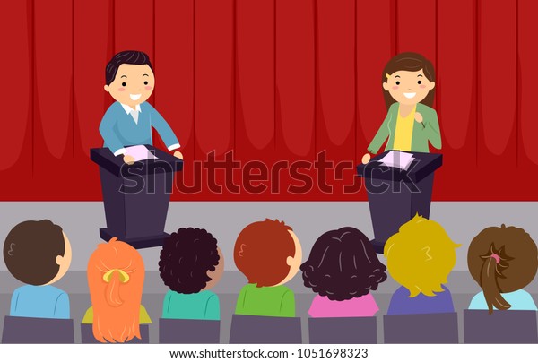 学校討論の舞台で観客の前にいるステックマンの子どもたちのイラスト のベクター画像素材 ロイヤリティフリー