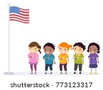 Illustration of Stickman Kids In Front of a US Flag Reciting the Pledge of Allegiance