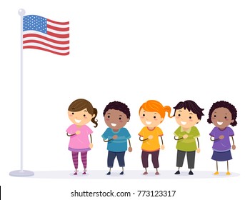 Illustration of Stickman Kids In Front of a US Flag Reciting the Pledge of Allegiance