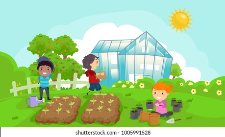 Illustration of Stickman Kids in the Garden with a Greenhouse, Garden Plots, Floral Shrubs and Trees