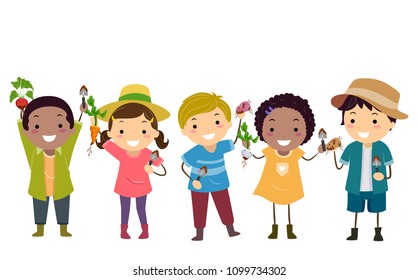 Illustration of Stickman Kids Gardening, Holding their Root Vegetables Harvest from Radish, Sweet Potato, Potato to Carrots