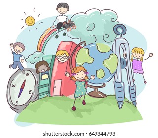 Illustration of Stickman Kids and Geography Objects like Compass, Globe and Books