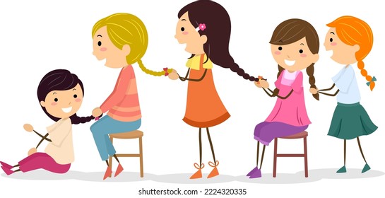 Illustration of Stickman Kids Girl in Line Braiding Hair of Girl in Front of Them