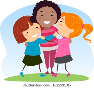 Illustration of Stickman Kids Girls Hugging Each Others as  Good Friends, Social Skills