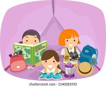 Illustration of Stickman Kids Girls Inside a Tent Camping