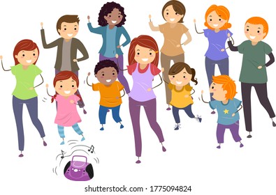 Illustration of Stickman Kids, Girls and Men Dancing as a Group with a Music Player