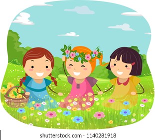 Illustration of Stickman Kids Girls Picking Flowers in the Fields