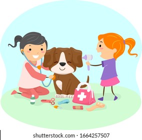 Illustration of Stickman Kids Girls Playing Veterinarian Checking the Health of a Dog