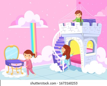 Illustration of Stickman Kids Girls Playing Inside a Princess Theme Room with Clouds, Castle Bed and Vanity Table