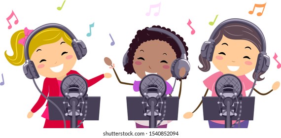 Ilustración de niñas Stickman grabando una canción en un estudio, usando micrófono y audífonos