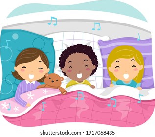 Illustration of Stickman Kids Girls Singing Bed Time Songs in Bed with Music Notes