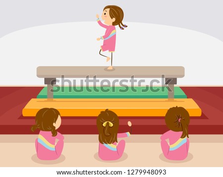 Illustration of Stickman Kids Girls Watching their Friend Practice Gymnastics on Bar