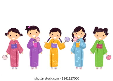 Illustration of Stickman Kids Girls Wearing Kimono and Holding Fans