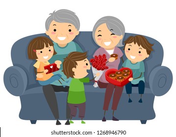 Illustration of Stickman Kids Giving Chocolates to their Grandparents
