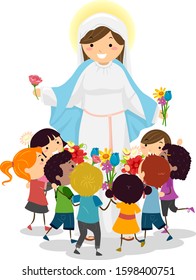 Illustration of Stickman Kids Giving Flowers to Mother Mary