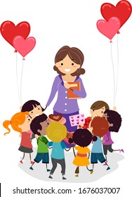 Illustration Of Stickman Kids Giving Teacher Valentines Gift From Balloons To Cake, Card And Flowers