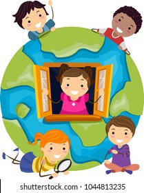 Illustration of Stickman Kids with a Globe with a Window