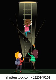 Illustration Of Stickman Kids Going Up A Ladder And Holding Flash Light For A Mystery Game