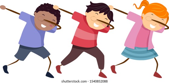 Illustration of Stickman Kids with Hands Up and Another Covering Eyes in a Dub Pose