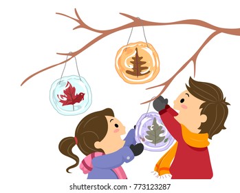 Illustration of Stickman Kids Hanging their Ice Sun Catcher on Branches in Winter