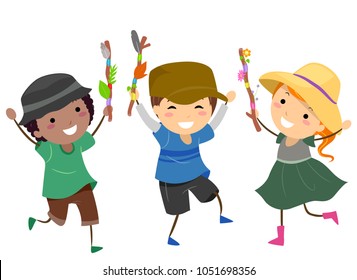 Illustration of Stickman Kids Happily Showing their Journey Sticks Full of Trinkets They Found during their Trip