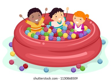 Illustration of Stickman Kids Having Fun Inside a Ball Pit in an Inflatable Pool