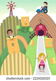Illustration of Stickman Kids Having Fun in Farm Hills with Barn, Windmill, Tractor, Haystack with ABC Shaped  Letters and Slide