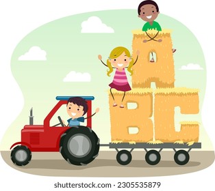 Illustration of Stickman Kids Having Fun while Riding Truck Carrying Farm Haystack as ABC Letters